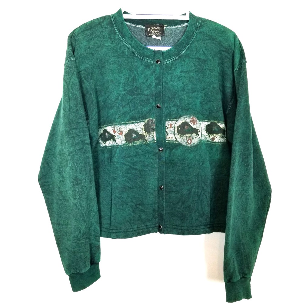 VTG Stone Aged Rockwear Stone Washed Cotton Pearl Snap  Jacket Sz S USA‎ Green